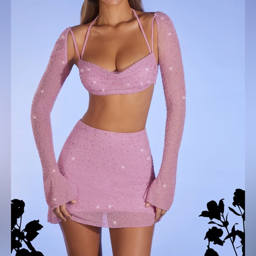 Oh Polly SET Embellished A-Line Mini Skirt in Pink & matching Top